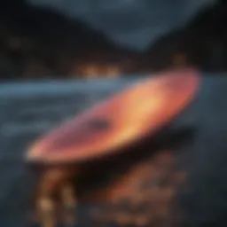 LED surfboard glowing in the water at night