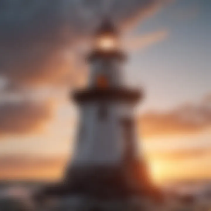 An intricately designed lighthouse showcasing architectural elegance against a sunset backdrop.