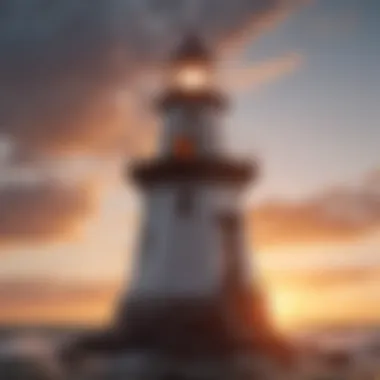 Architectural Elegance of a Lighthouse at Sunset An intricately designed lighthouse showcasing architectural elegance against a sunset backdrop.
