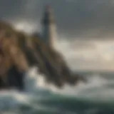 A historic lighthouse perched on a rocky cliff, overlooking turbulent seas.