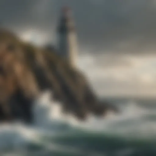 A historic lighthouse perched on a rocky cliff, overlooking turbulent seas.
