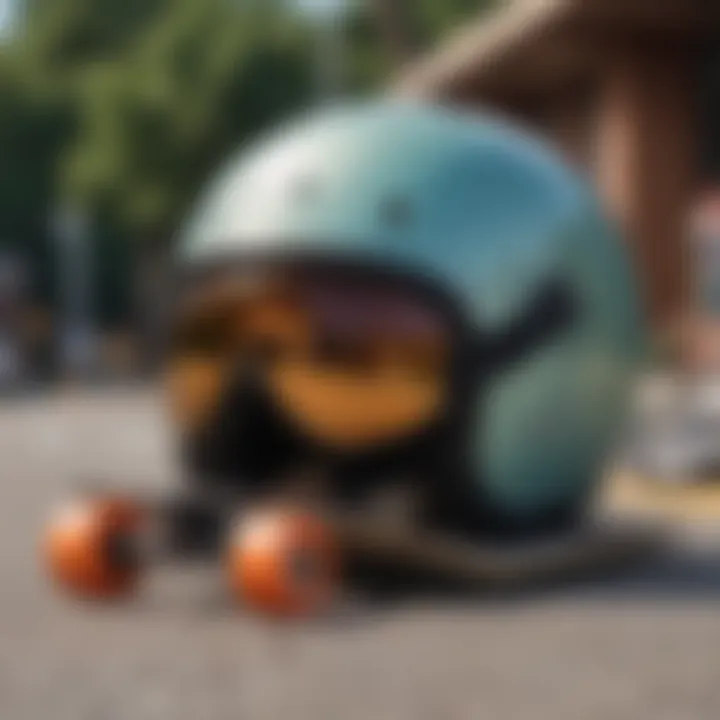 Close-up of essential longboarding gear including a helmet and pads.
