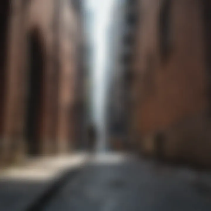 A striking contrast between urban skyscrapers and a lone skateboarder in an alley