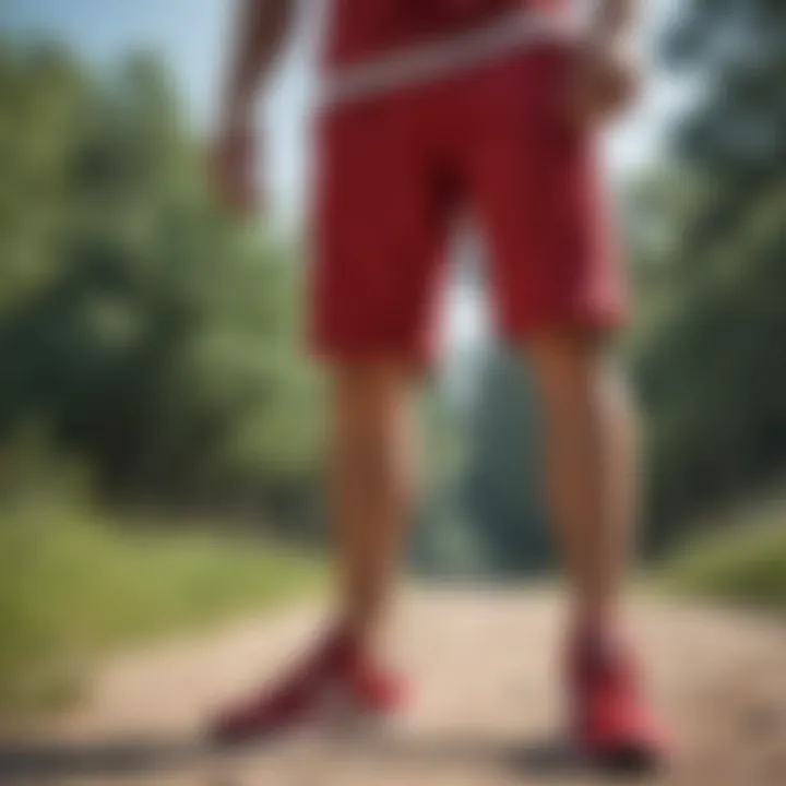 Casual outdoor setting featuring stylish red Adidas shorts