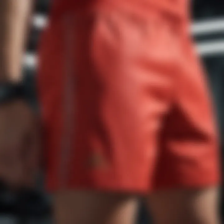 Close-up of red Adidas shorts highlighting design details