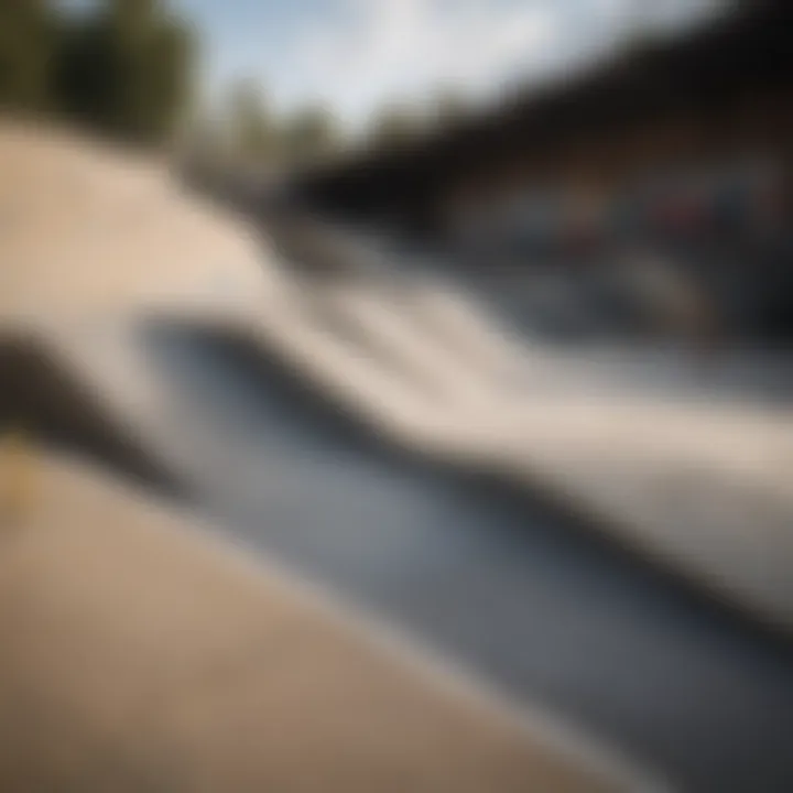 An assortment of mini ramps set in a bustling urban skate park