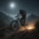 A mountain biker navigating a trail under moonlight with a powerful flashlight