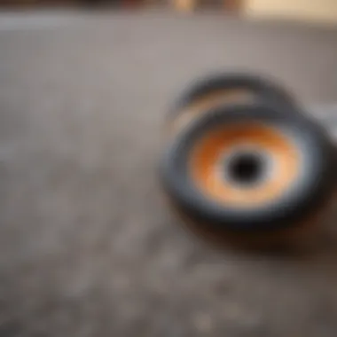 Quality Skateboard Wheels A close-up of skateboard wheels on a concrete surface, highlighting quality and durability.