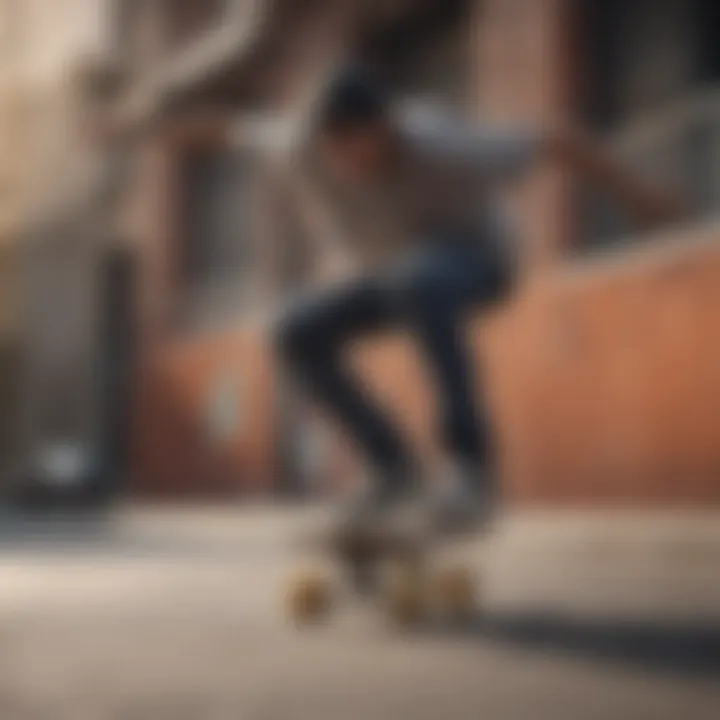 A dynamic scene of a skateboarder performing a trick in an urban setting.