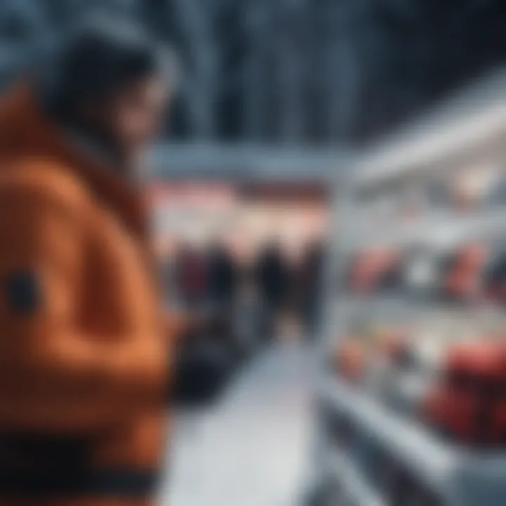 A shopper examining snow gear during a seasonal sale, demonstrating savvy purchasing decisions.