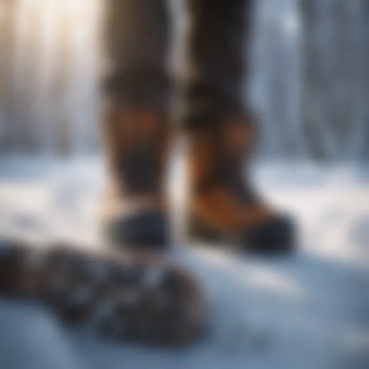 A person examining snow boots specifications on a label