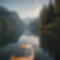 A calm lake reflecting the sky with paddleboards on the water