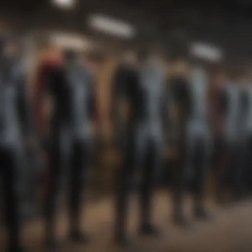 A diverse selection of wetsuits on display in a local store
