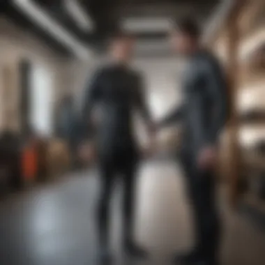 An expert fitting a wetsuit on a customer for optimal comfort