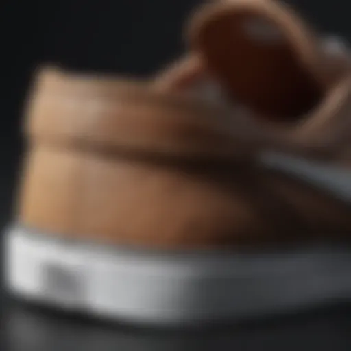 A close-up of the detailed stitching and materials used in Nike Janoski skate shoes.