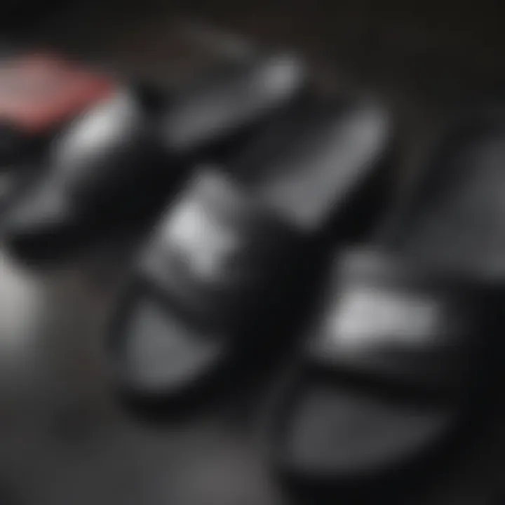 A close-up view of Nike slide pricing tags in a retail setting