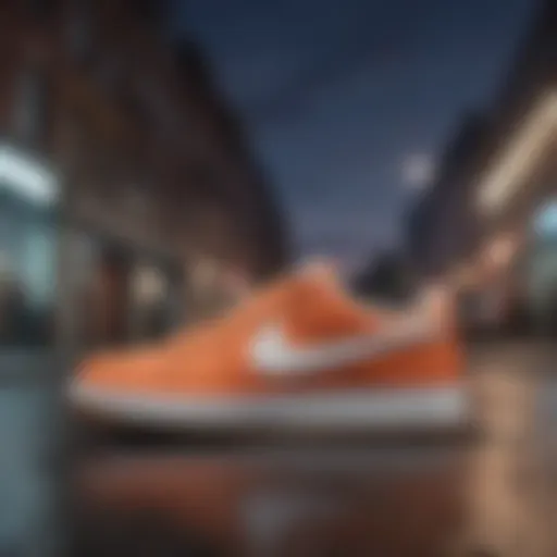 A pair of Nike streetwear shoes on a vibrant urban backdrop