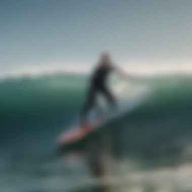 A serene surfing landscape with a rider skillfully maneuvering a no-motor hydrofoil surfboard.