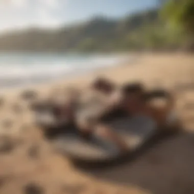 OluKai Kipi sandals on a scenic beach background, reflecting Hawaiian culture