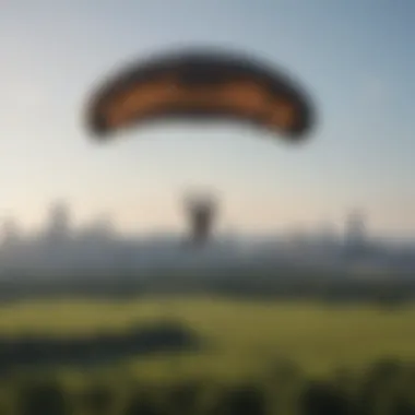 Safe Landing: Skydivers Descending Gracefully in Chicago Skydivers landing in an open field near Chicago
