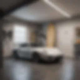 Overhead surfboard rack in a stylish garage setting