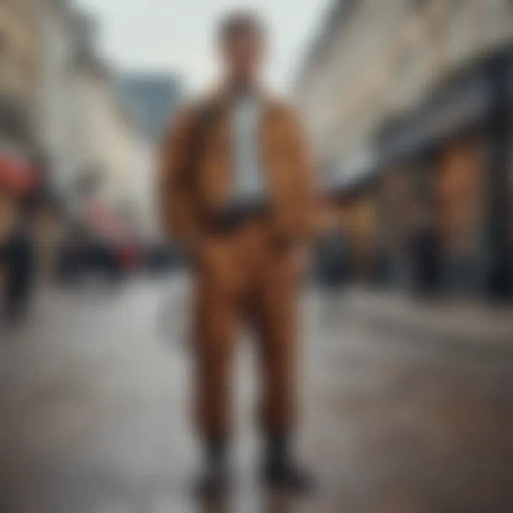 A fashionable street style look featuring oversized trousers paired with complementary accessories