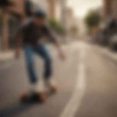 An urban setting where a rider skillfully maneuvers a Penny longboard