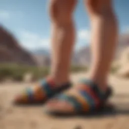 A stylish pair of pride sandals showcasing vibrant colors and patterns.