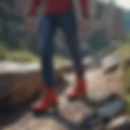 Red, white, and blue pumps on a rocky outdoor trail