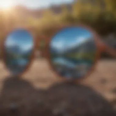 Close-up of round sunglass lenses reflecting a vibrant outdoor scene