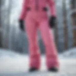 Stylish Roxy pink snow pants showcased against a snowy backdrop