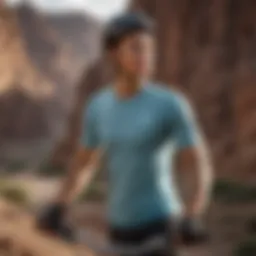 Dynamic action shot of an athlete wearing a drop tail shirt during a mountain biking adventure