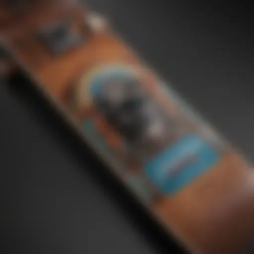 A detailed close-up of a handmade Santa Cruz skateboard showcasing its unique graphic design