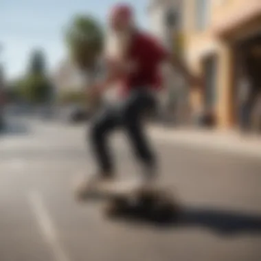 A vibrant street scene with skateboarders performing tricks on Santa Cruz boards