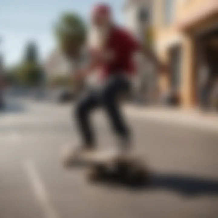 A vibrant street scene with skateboarders performing tricks on Santa Cruz boards