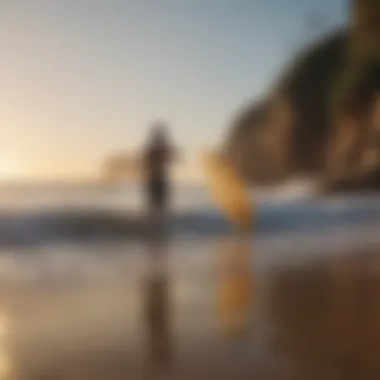 A serene beach scene at sunrise, perfect for a surfing session.