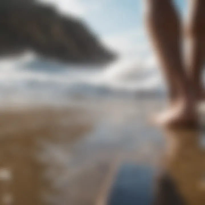 A close-up of the surfer's feet on the board, demonstrating balance.