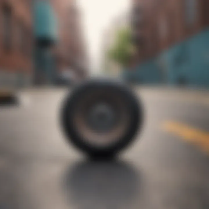 Close-up of skateboard wheels with city backdrop