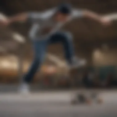 A skateboarder performing a trick, wearing stylish clearance shoes