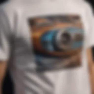 A close-up of a modern skateboard t-shirt with contemporary graphic art