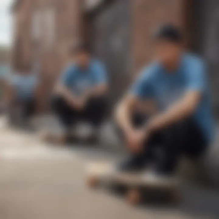 A diverse group of skateboarders wearing brand t-shirts in an urban setting