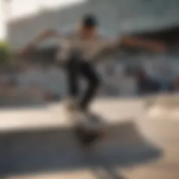 A skateboarder performing a trick in an urban skatepark
