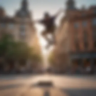 A skateboarder performing tricks against the backdrop of St. Claire Square.