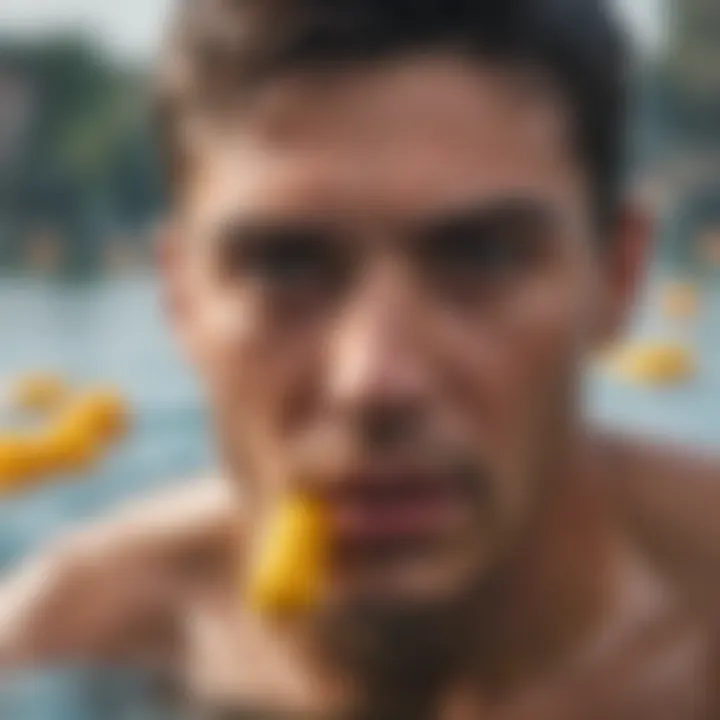 A swimmer using earplugs to prevent water from entering the ear