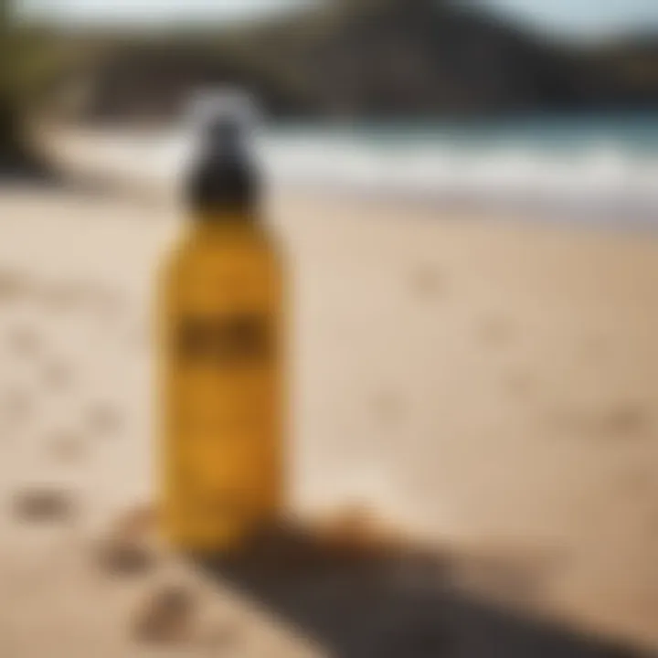 Close-up of Sun Bum antibacterial spray on a sandy beach