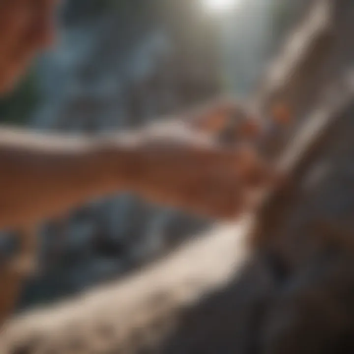 Extreme sports athlete applying antibacterial spray before rock climbing