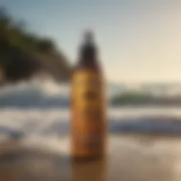 A bottle of Sun Bum Beach Spray with ocean waves in the background