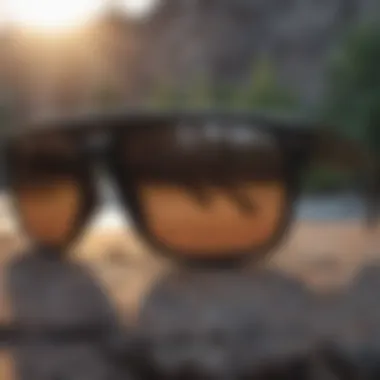 A close-up of durable sunglasses designed for rugged environments.