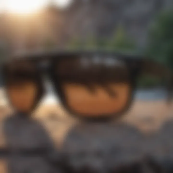 A close-up of durable sunglasses designed for rugged environments.