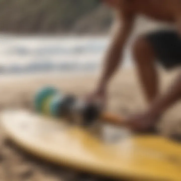 A close-up of a surfer preparing their gear on the beach